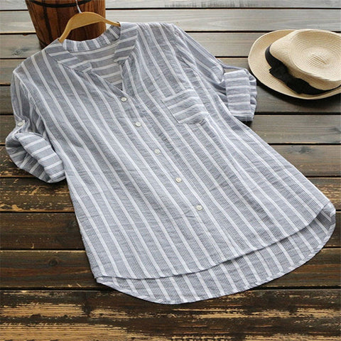 New Womens Summer Striped V Neck Blouses Loose Baggy Tops Cotton and Linen Button Down Tunic Shirts Plus Size