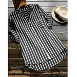 New Womens Summer Striped V Neck Blouses Loose Baggy Tops Cotton and Linen Button Down Tunic Shirts Plus Size