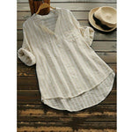 New Womens Summer Striped V Neck Blouses Loose Baggy Tops Cotton and Linen Button Down Tunic Shirts Plus Size