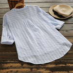 New Womens Summer Striped V Neck Blouses Loose Baggy Tops Cotton and Linen Button Down Tunic Shirts Plus Size