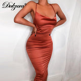 Dulzura neon satin lace up 2019 summer women bodycon long midi dress sleeveless backless elegant party outfits sexy club clothes