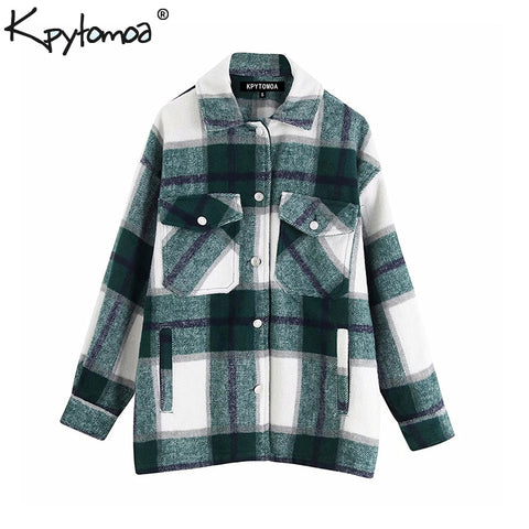 Vintage Stylish Pockets Oversized Plaid Jacket Coat Women 2019 Fashion Lapel Collar Long Sleeve Loose Outerwear Chic Tops