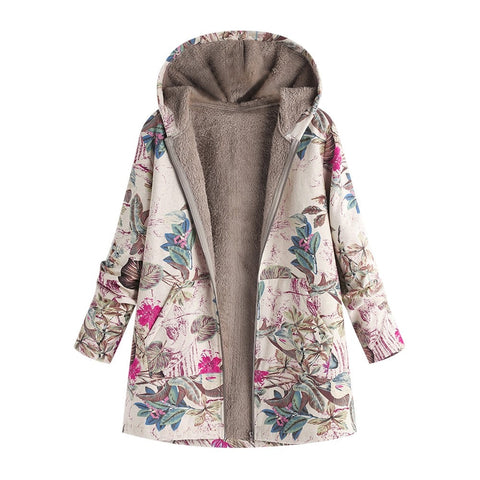 Female Jacket Plush Coat Women's Windbreaker Winter Warm Outwear Floral Print Hooded Pockets Vintage Oversize Coats Plus Size #A