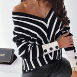 Women Striped V Neck Shirt Button Puff Sleeve Blouse And Tops 2019 Autumn Black-White Stripes Off Shoulder Ladies Shirts D30