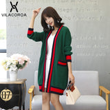 New Women Jacket Coat Autumn Winter Long Sleeve Contrast Striped Cardigan Knitted Casual Loose Pocket Jacket manteau femme hiver