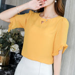 2019 Women Korean Blue Shirt Casual Summer New Half Sleeve O-Neck Ruffles Blouse Slim Women Office Shirt Streetwear Ladies Tops