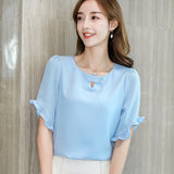 2019 Women Korean Blue Shirt Casual Summer New Half Sleeve O-Neck Ruffles Blouse Slim Women Office Shirt Streetwear Ladies Tops